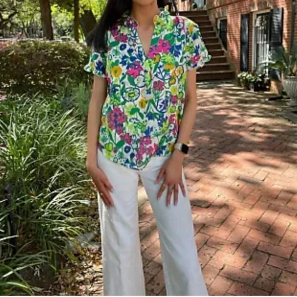 Elliott Lauren colorful floral linen blend pullover office career top M - Picture 3 of 9